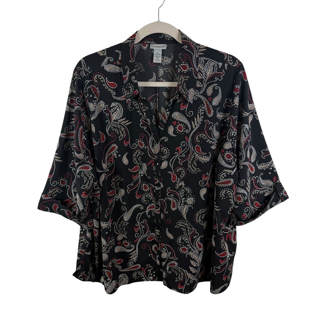 Catherines Paisley Button Front Blouse Size 4X Black Lightweight Comfy Office